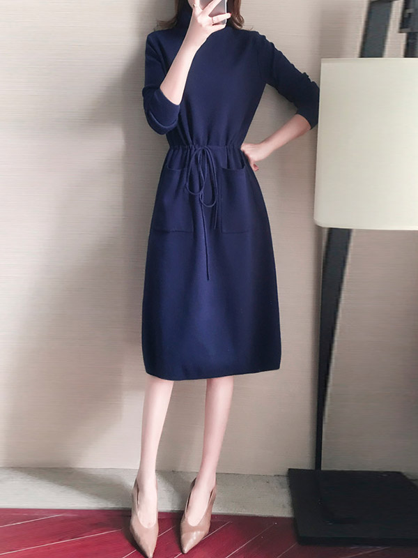 Navy Blue High Collar Tie Waist Midi Dress