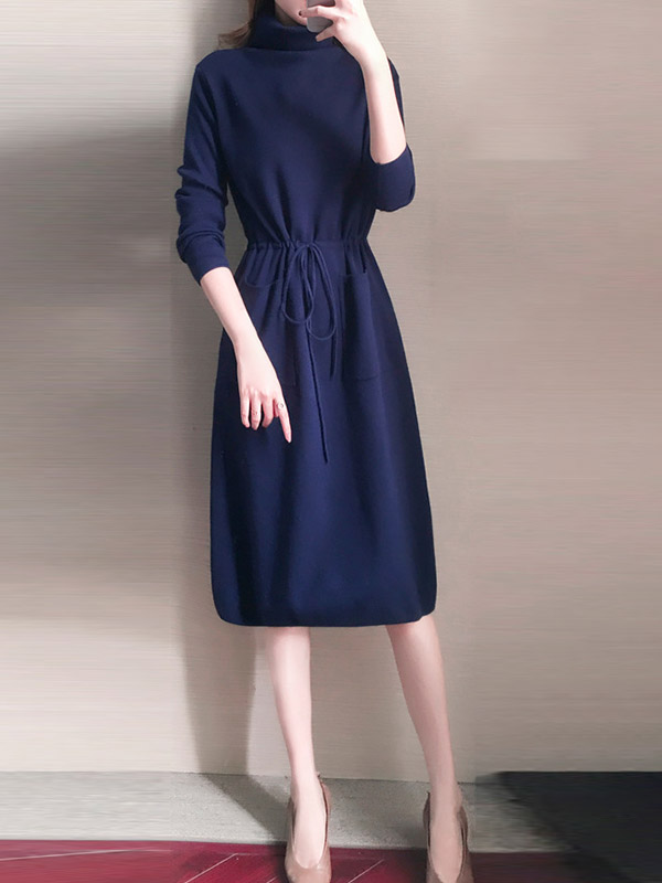 Navy Blue High Collar Tie Waist Midi Dress