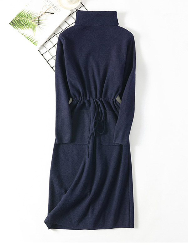 Navy Blue High Collar Tie Waist Midi Dress