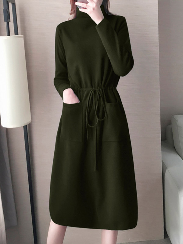 Army Green High Collar Tie Waist Midi Dress