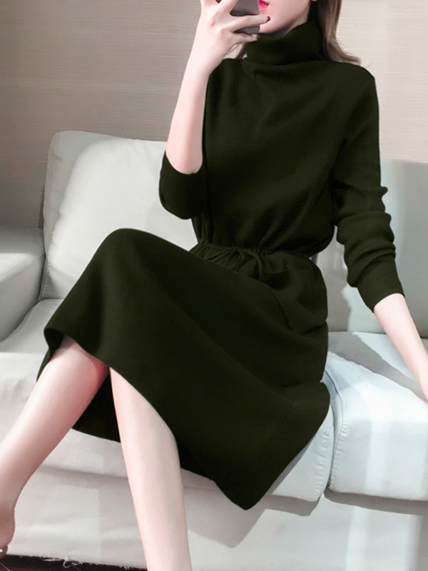 Army Green High Collar Tie Waist Midi Dress