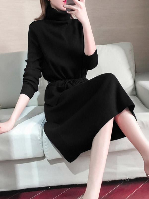 Black High Collar Tie Waist Midi Dress