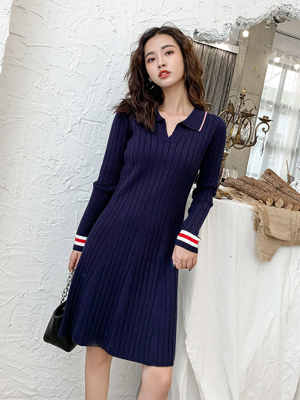 Navy Blue Point Collar Knit Dress in Stripe Detail