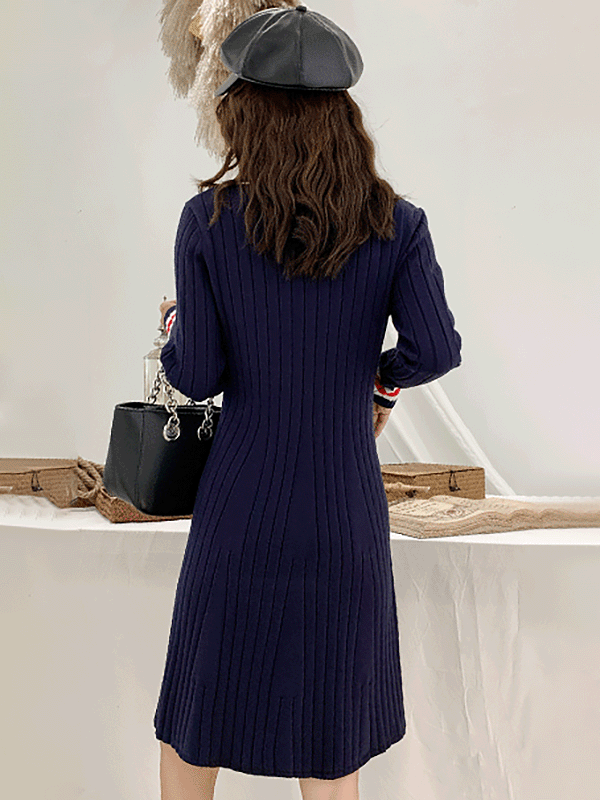 Navy Blue Point Collar Knit Dress in Stripe Detail