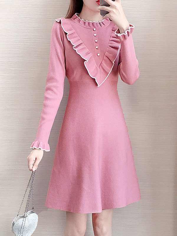 Pink Stand Collar Knit A-line Dress in Ruffle Detail