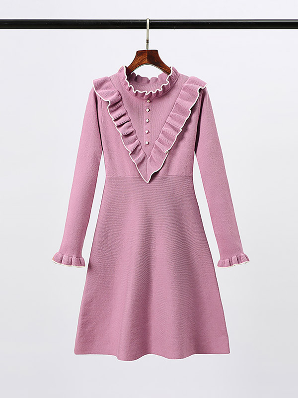 Pink Stand Collar Knit A-line Dress in Ruffle Detail