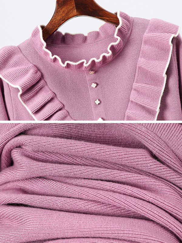 Pink Stand Collar Knit A-line Dress in Ruffle Detail