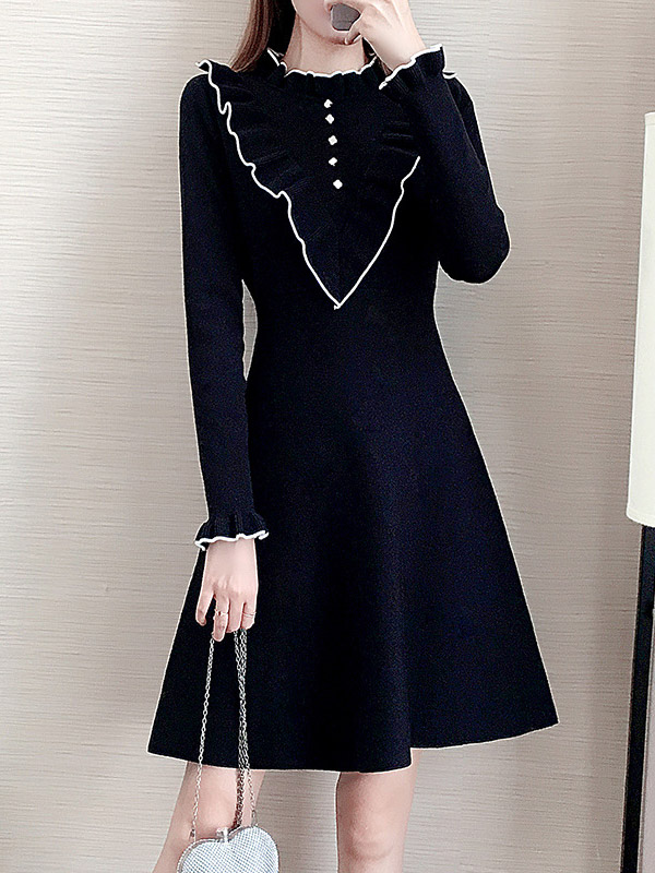 Black Stand Collar Knit A-line Dress in Ruffle Detail