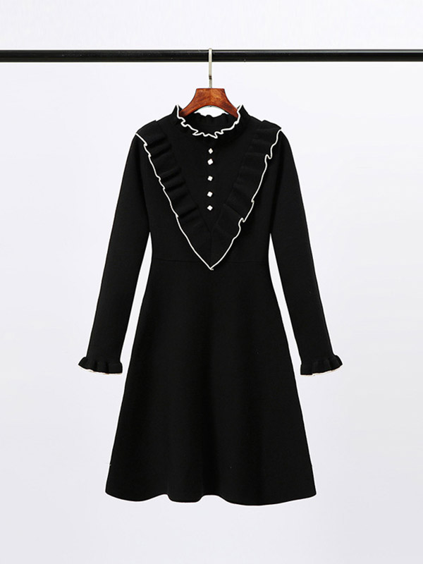 Black Stand Collar Knit A-line Dress in Ruffle Detail