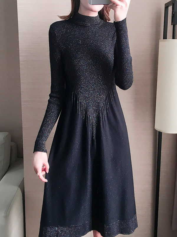 Black Stand Collar Knit Dress in Tassel Detail