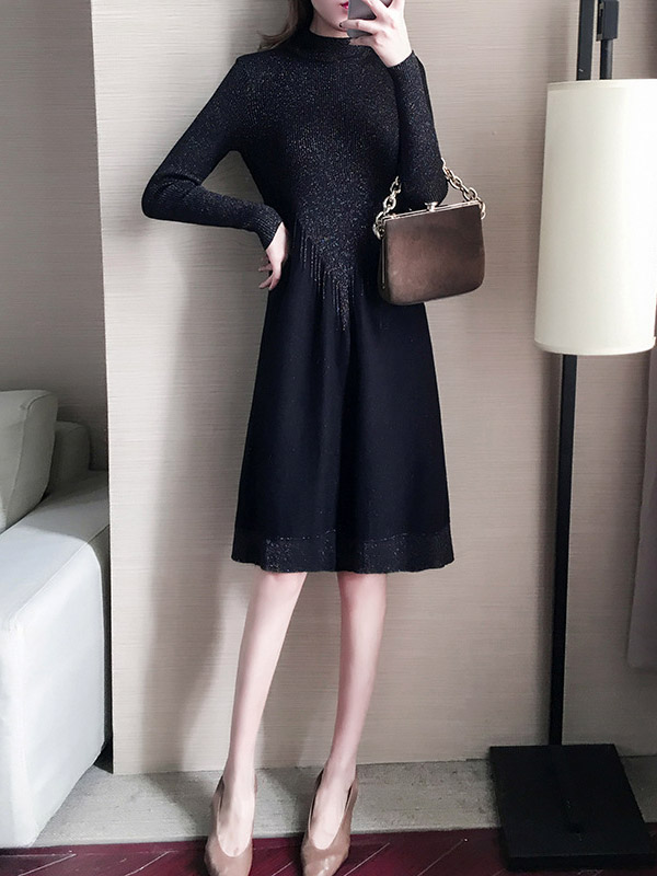 Black Stand Collar Knit Dress in Tassel Detail