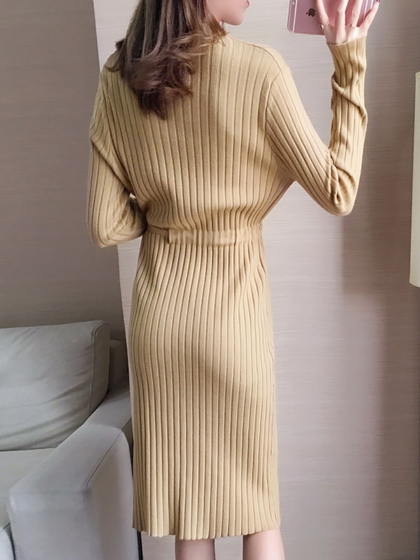 Khaki Stand Collar Tie Waist Knit Dress