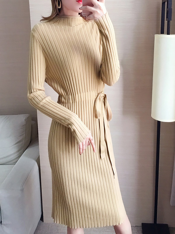 Khaki Stand Collar Tie Waist Knit Dress