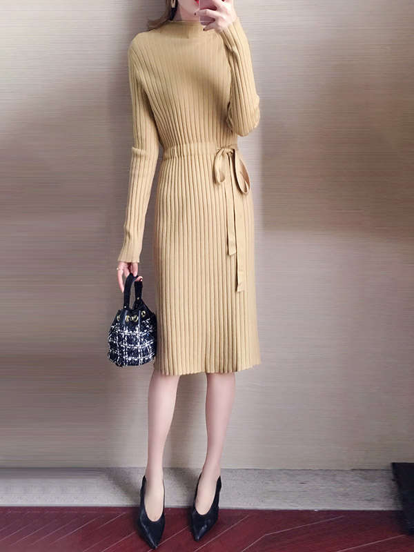 Khaki Stand Collar Tie Waist Knit Dress