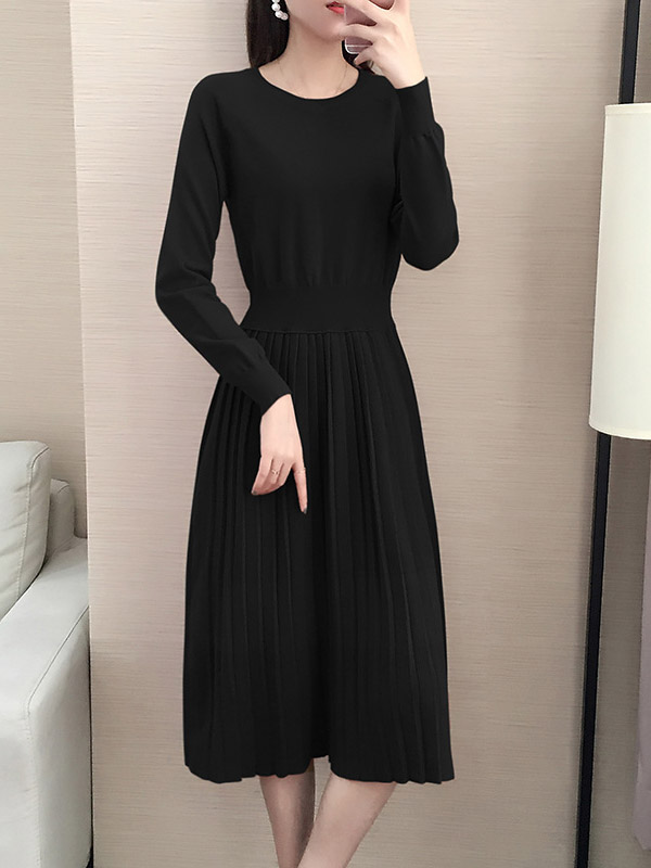 Black Round Collar Elastic Waist Knit Dress