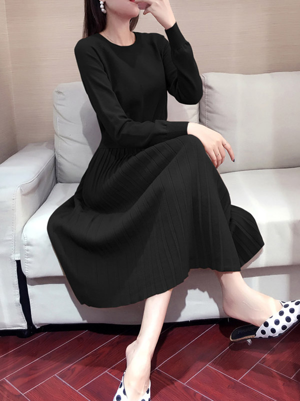 Black Round Collar Elastic Waist Knit Dress