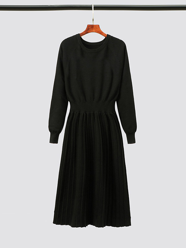 Black Round Collar Elastic Waist Knit Dress