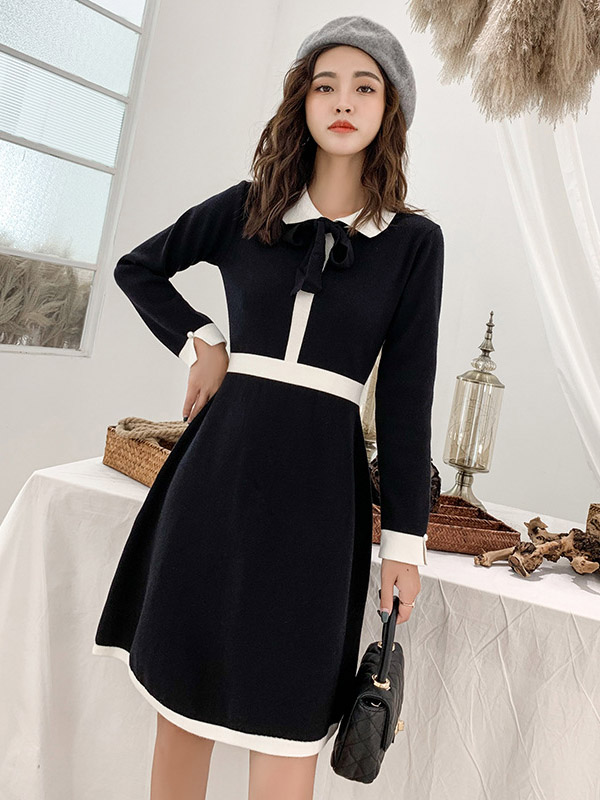 Black Knit A-line Dress in Color Block