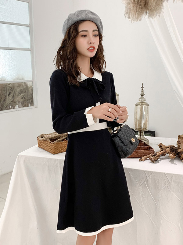 Black Knit A-line Dress in Color Block