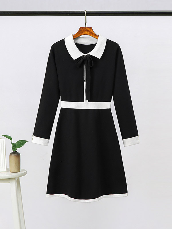 Black Knit A-line Dress in Color Block