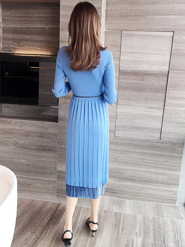 Blue Knit A-line Pleated Dress in Ruffle Detail