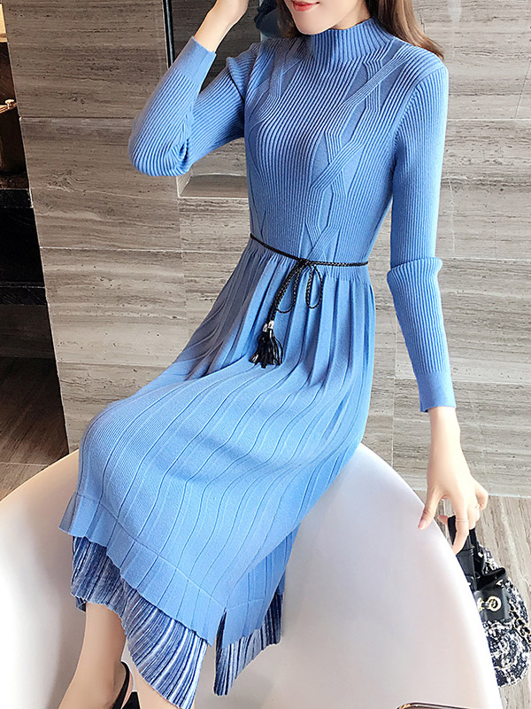 Blue Knit A-line Pleated Dress in Ruffle Detail