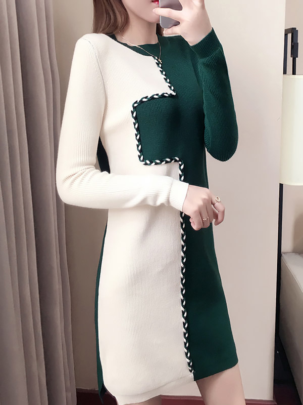 Green Knit Shift Dress in Color Block