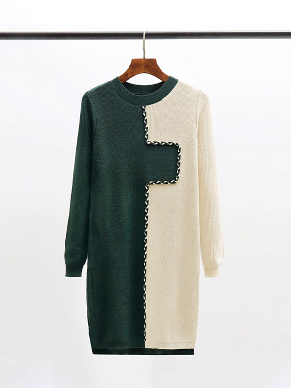 Green Knit Shift Dress in Color Block