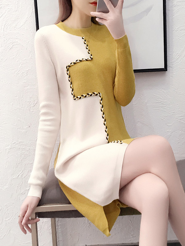 Yellow Knit Shift Dress in Color Block