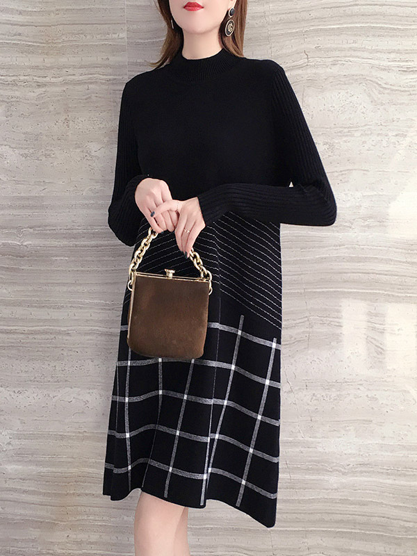 Black Knit Shift Dress in Stripe and Check Print