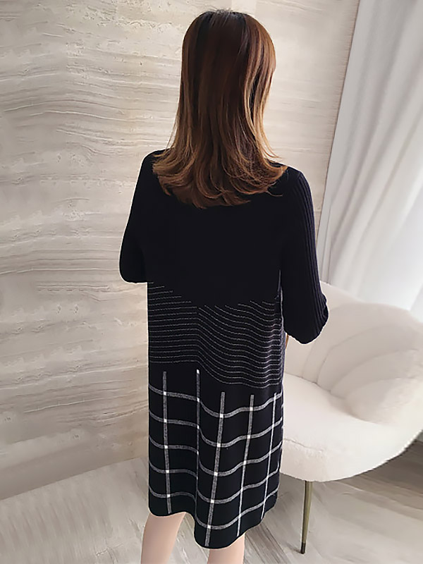 Black Knit Shift Dress in Stripe and Check Print