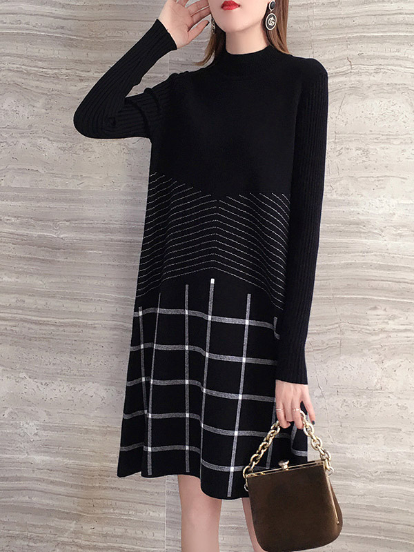 Black Knit Shift Dress in Stripe and Check Print