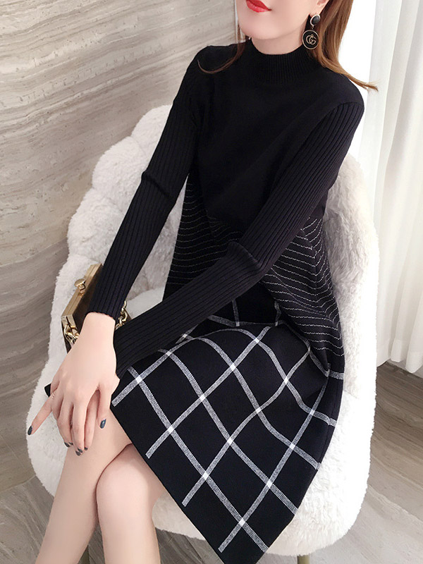 Black Knit Shift Dress in Stripe and Check Print