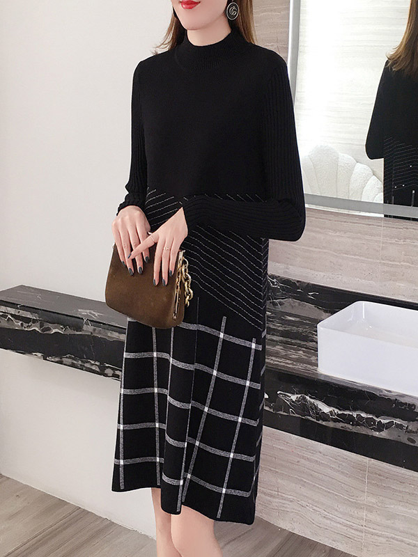 Black Knit Shift Dress in Stripe and Check Print