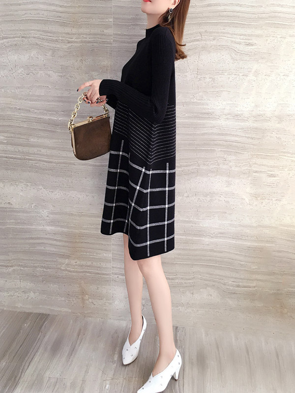 Black Knit Shift Dress in Stripe and Check Print