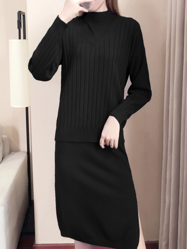 Black Stand Collar Sleeveless Dress with Knitted Top