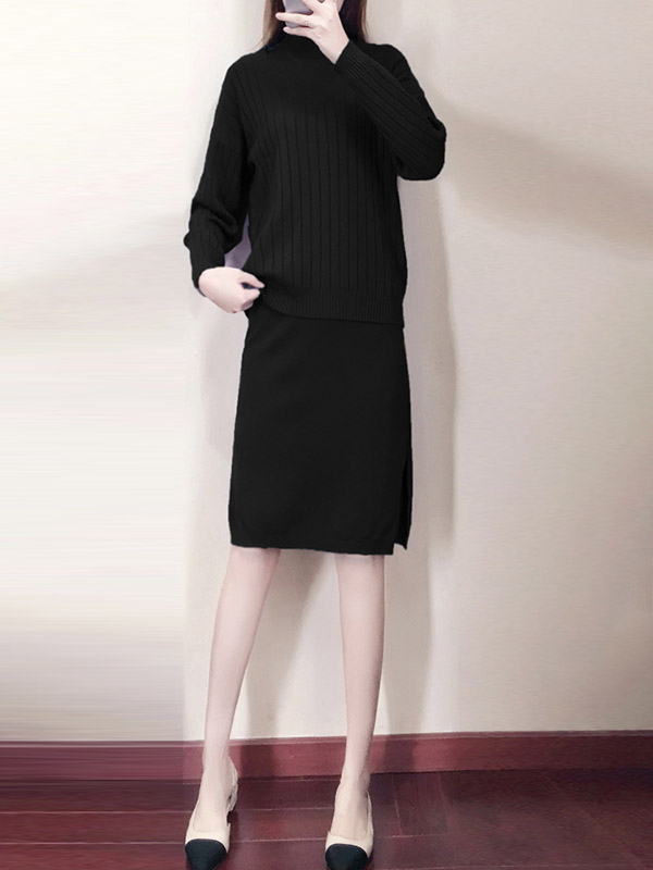 Black Stand Collar Sleeveless Dress with Knitted Top