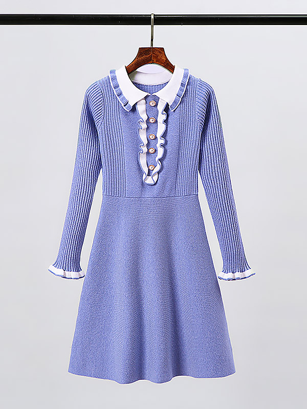 Blue Knit A-line Skater Dress in Button Decoration