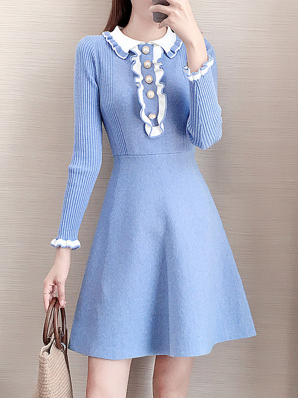 Blue Knit A-line Skater Dress in Button Decoration