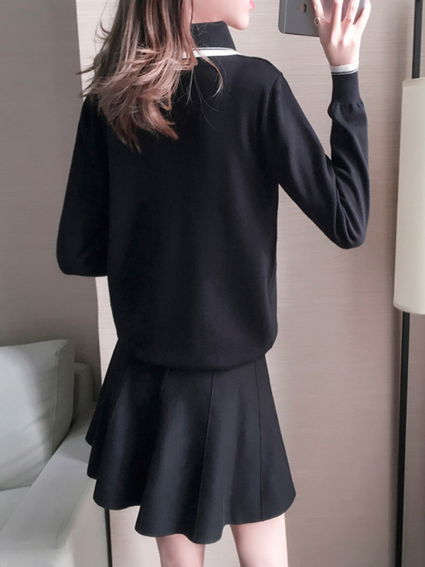 Black Knit Long Sleeve Polo Top with Skater Skirt