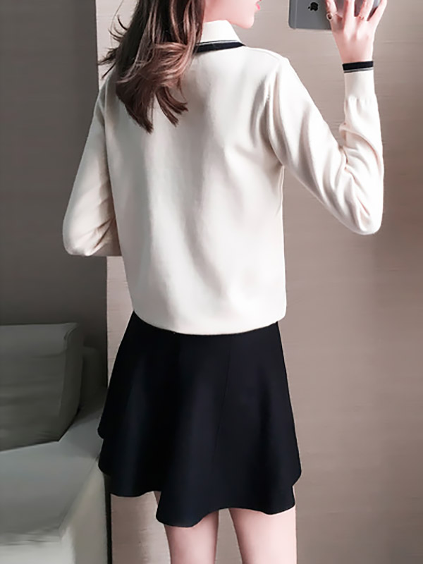 White Knit Long Sleeve Polo Top with Skater Skirt