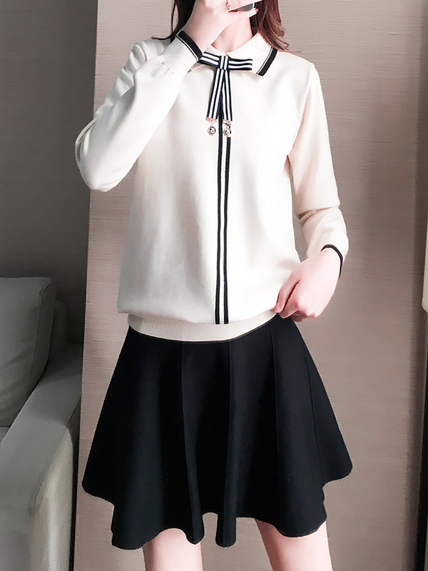 White Knit Long Sleeve Polo Top with Skater Skirt