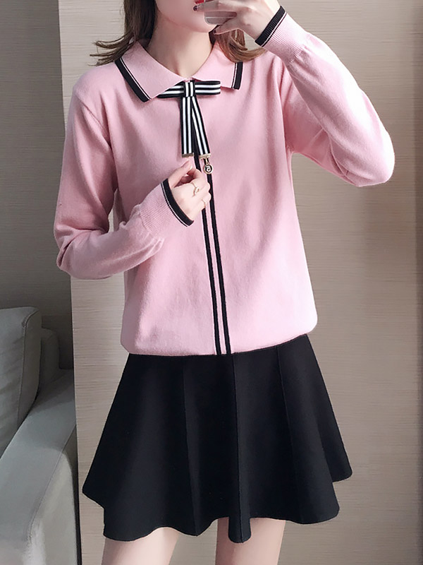 Pink Knit Long Sleeve Polo Top with Skater Skirt