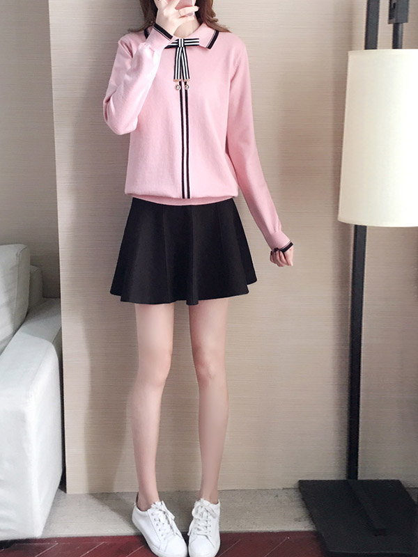 Pink Knit Long Sleeve Polo Top with Skater Skirt