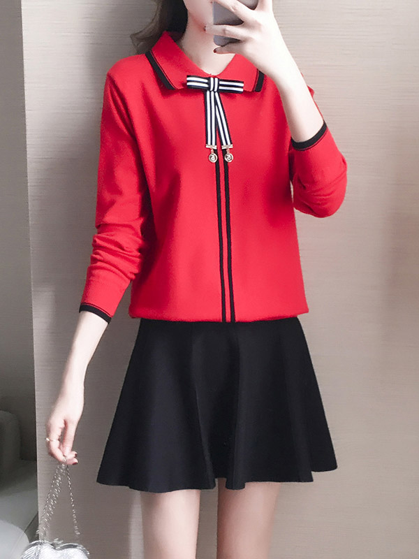 Red Knit Long Sleeve Polo Top with Skater Skirt