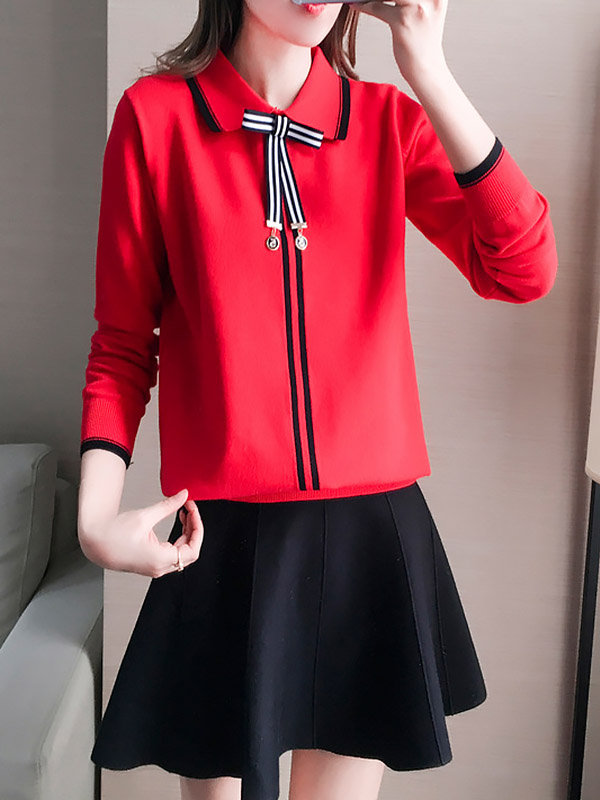 Red Knit Long Sleeve Polo Top with Skater Skirt