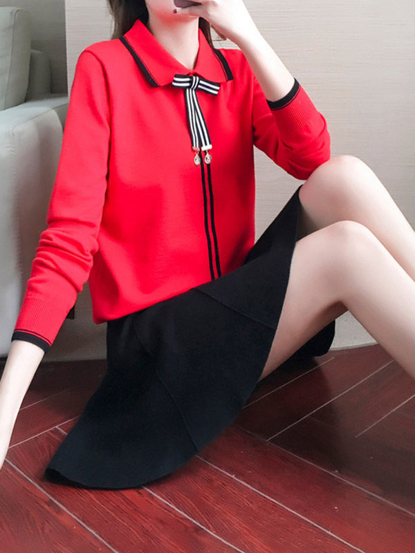 Red Knit Long Sleeve Polo Top with Skater Skirt