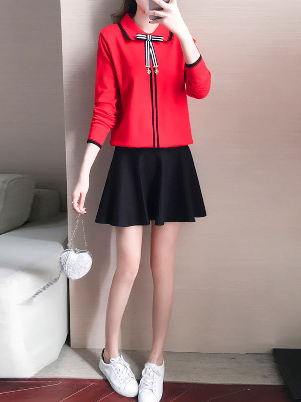 Red Knit Long Sleeve Polo Top with Skater Skirt