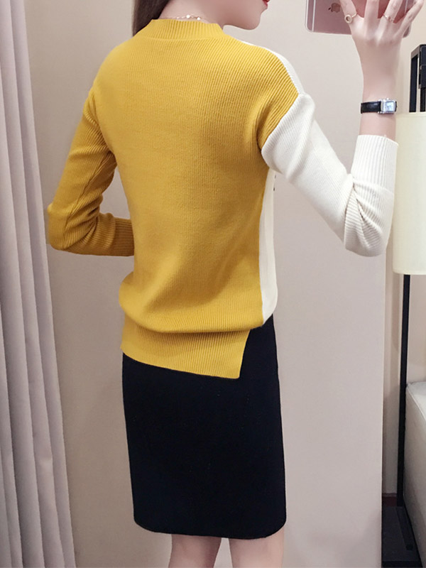 Color Block Knit Top in White & Yellow with Pencil Skirt