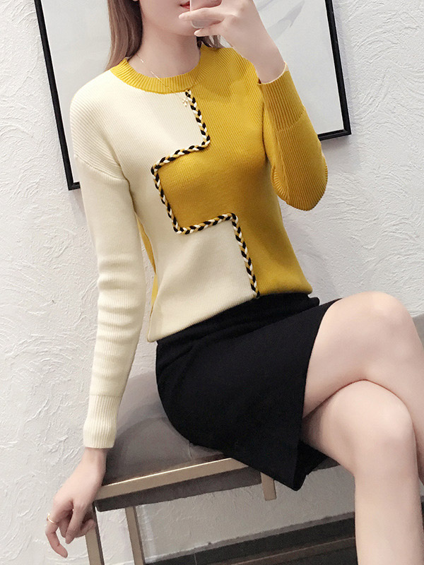 Color Block Knit Top in White & Yellow with Pencil Skirt